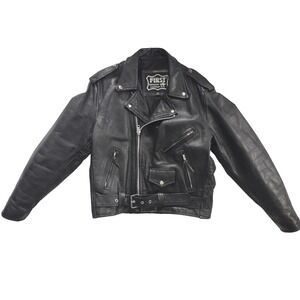 Vtg FIRST Genuine Leather Black Motorcycle Biker Jacket Size 42 Chest 40 Waist